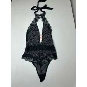 NWT Victoria's Secret BLACK Medium VerySexy Lace High Neck Halter Teddy Bodysuit